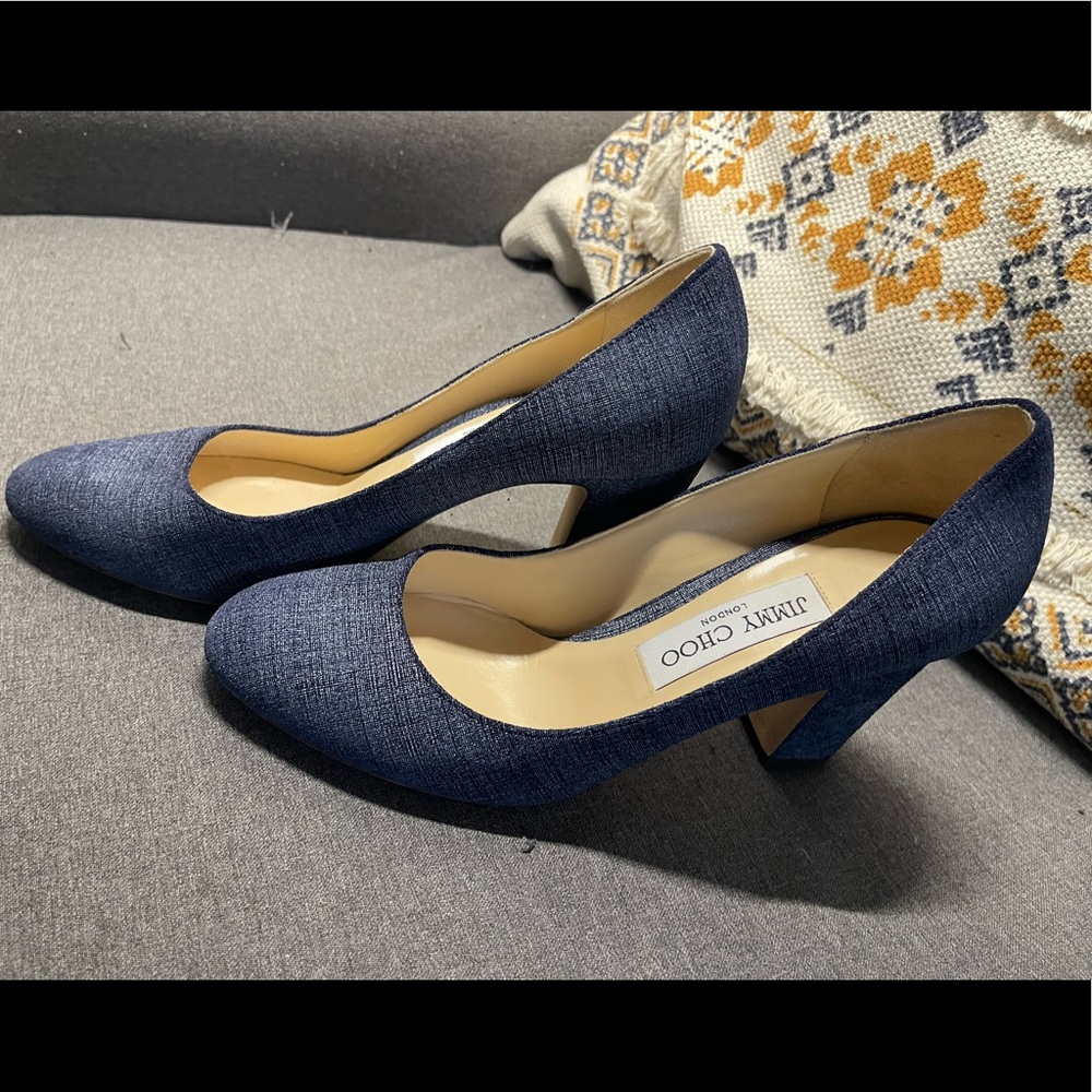 Jimmy Choo Light Indigo Denim Leather Billie Block Heel Pumps